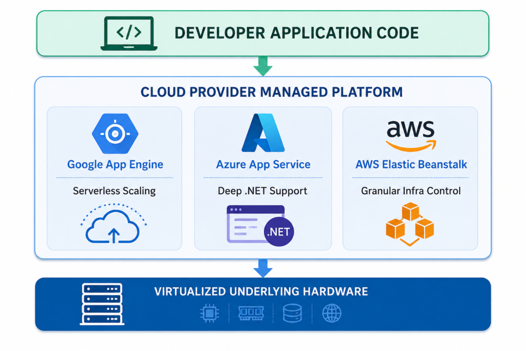 Google App Engine, Azure App Service, and AWS Elastic Beanstalk cloud platforms