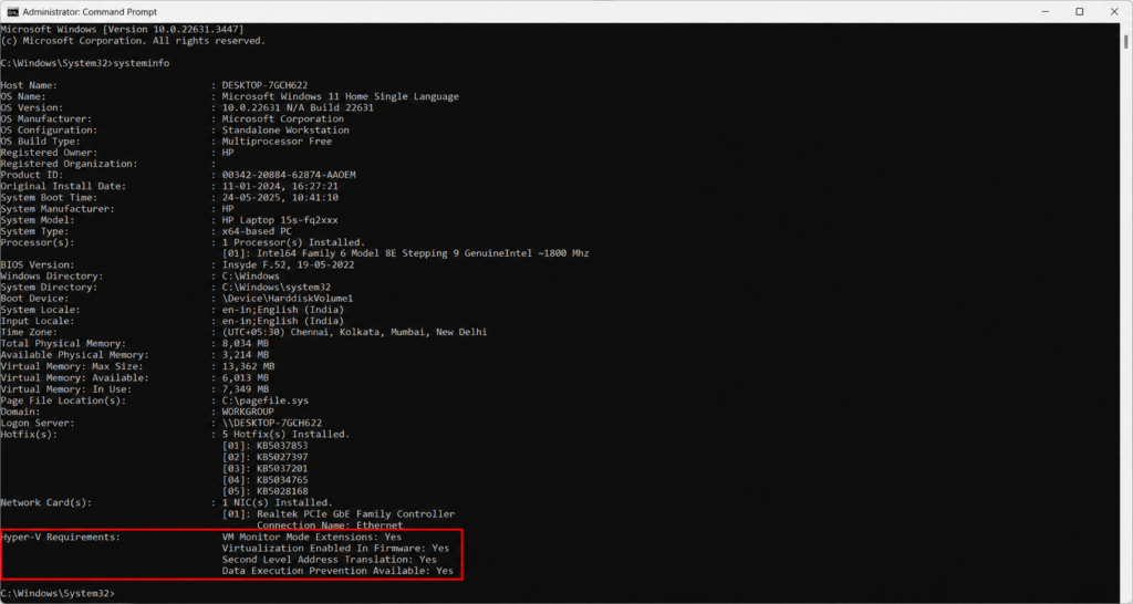 Windows Command Prompt showing systeminfo output with Hyper-V Requirements and virtualization enabled in firmware verification